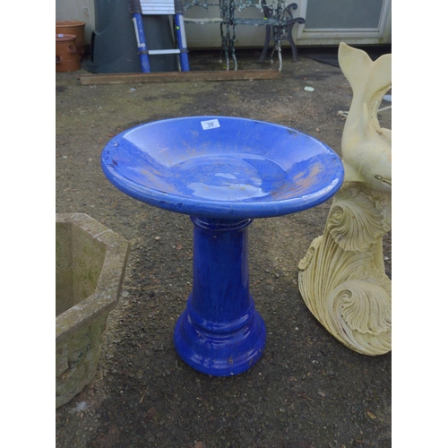 29 - Blue glazed terracotta bird bath. H50cm 