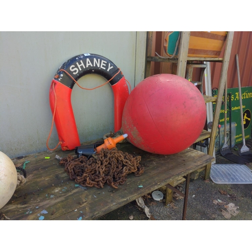 36 - Decorative life preserver marked 'SHANEY' together with buoy & chains