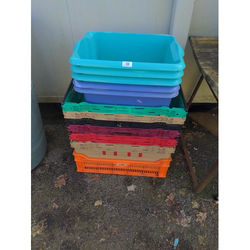 38 - 6 stacking crates & 6 other sturdy storage boxes