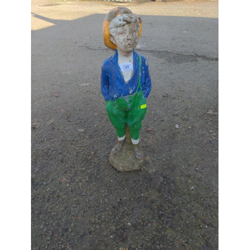 49 - Colourful concrete garden ornament of a farm hand boy plus wooden pot hanging unit. H61cm