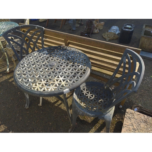 5 - Cast aluminium bistro table & 2 chairs. Faded black paint.