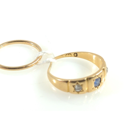 407 - Scrap 3.3 gram yellow metal, diamond & sapphire ring, hallmarks rubbed but tests positive for 18... 