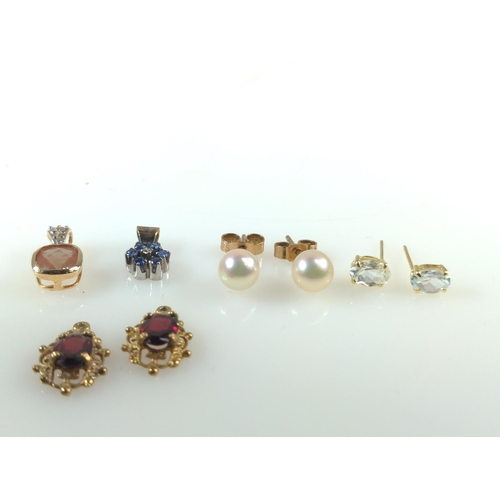 413 - Collection of ear studs & pendants, including: two pairs of 9ct gold stone set ear studs, gross ... 