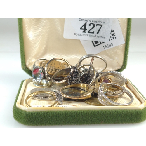 427 - Small box containing various rings, coins, brooches etc.