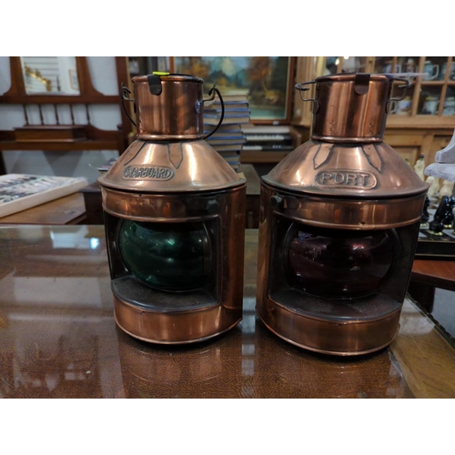 604A - Pair of modern copper Port and Starboard decorative lanterns.