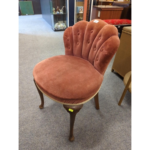 605 - Fan backed bedroom chair in rose plush velvet, with front cabriole legs. Seat ht 49cms, full height ... 