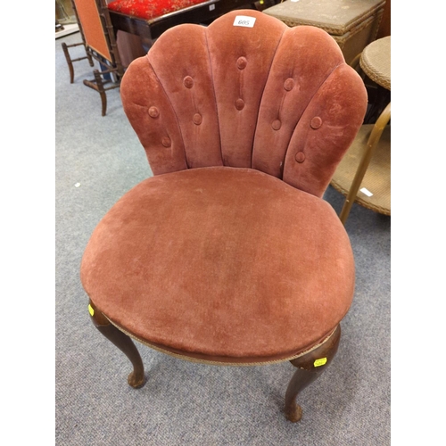 605 - Fan backed bedroom chair in rose plush velvet, with front cabriole legs. Seat ht 49cms, full height ... 