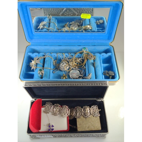 431 - White jewellery box & metal box containing jewellery & watches, including some silver