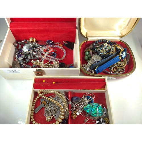 432 - White jewellery box & red box containing some silver jewellery, costume jewellery & watches