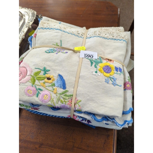 Bundle of embroidered vintage table linen