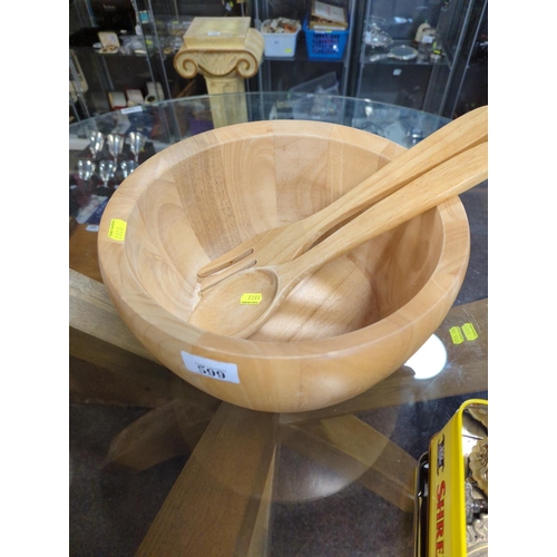 599 - Large wooden salad bowl and servers, dia. 31cm