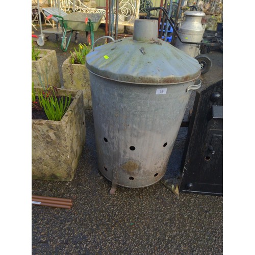 39 - Galvanised metal garden burner bin