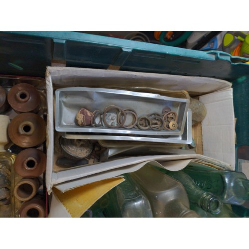 147 - Box of metal detecting finds, antique bottles, military buttons etc (Crate not included)