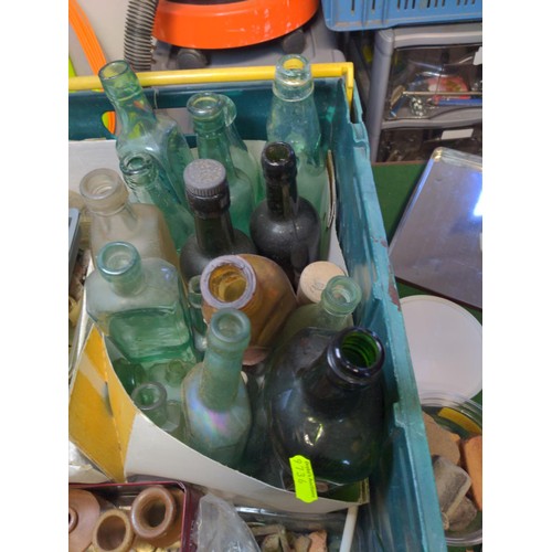 147 - Box of metal detecting finds, antique bottles, military buttons etc (Crate not included)