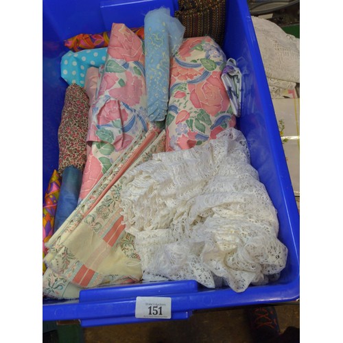 151 - Box of textiles, bed spreads etc