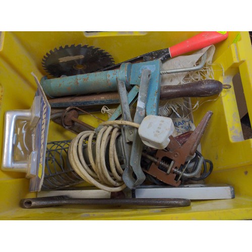 176 - Box of various tools, inc. bench vice (Record No.50) plus 2 pairs of Victorian style taps