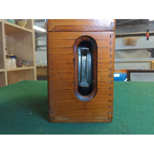 Coulet Excelsior racing pigeon timing clock with leather strap handle, height 20cm