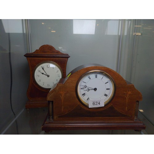 624 - Two mantle clocks one with , French stamp and both wood cased with pretty inlay. 