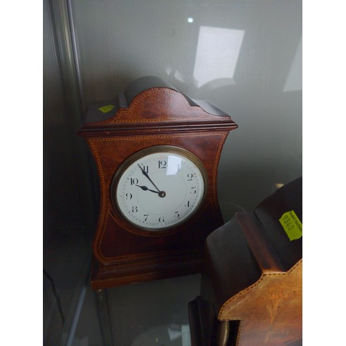 624 - Two mantle clocks one with , French stamp and both wood cased with pretty inlay. 