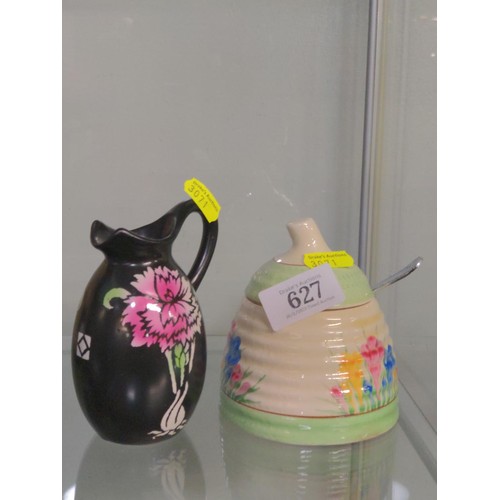 627 - Clarice Cliff Honey pot H12 cm, plus Shelley small jug. 