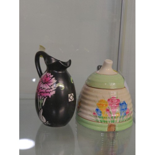 627 - Clarice Cliff Honey pot H12 cm, plus Shelley small jug. 