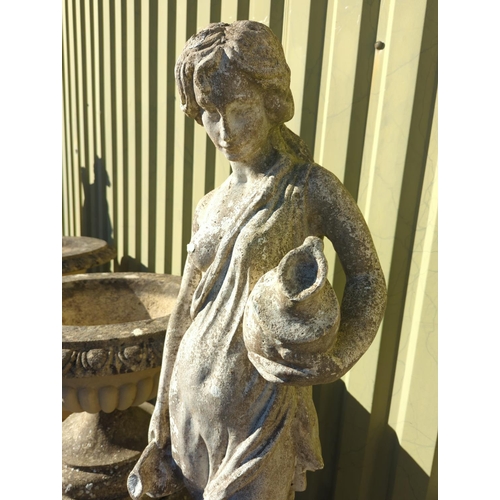 2 - Large classically dressed girl with a jug, on square single-piece plinth. Overall H177cm