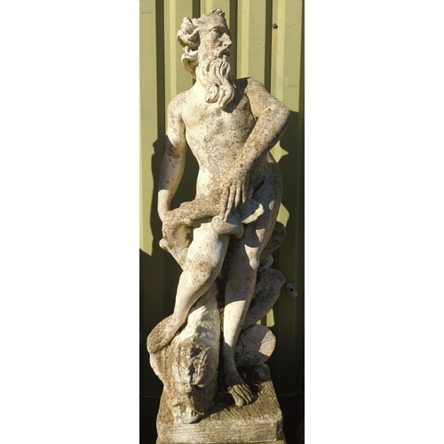 3 - Large Neptune garden statue,on a solid scrolled plinth. Overall H176cm