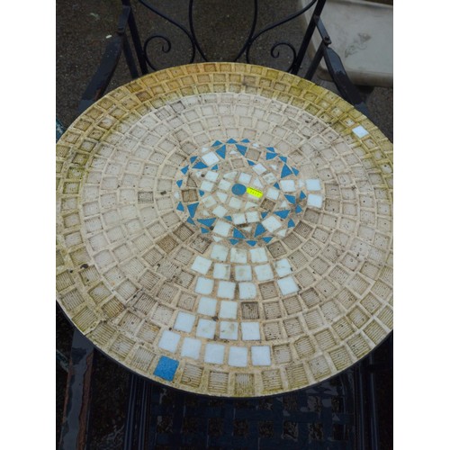 131 - 2 x garden chairs and mosaic table D61cm H68cm 