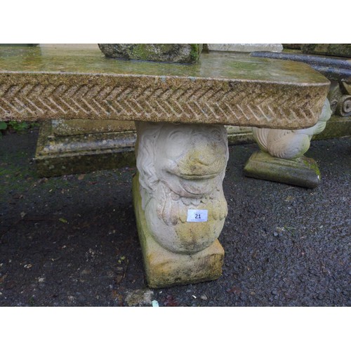 21 - Large crescent topped 3 part bench with lion & ball supports. L148cm D40cm H45cm