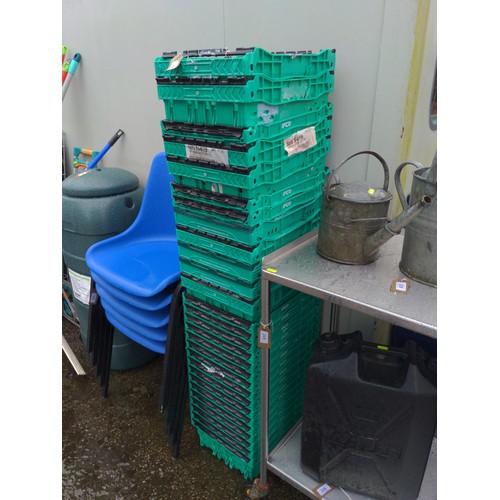 222 - A large quantity of green stacking crates, W 40D 30 H18 cm