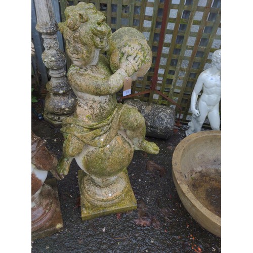 31 - Cymbal playing putto figure, sat on globe base. H98cm