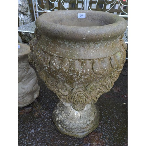 39 - Pair of rose decorated urn planters on stands. H67cm D46cm