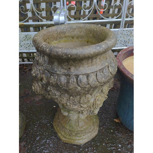 39 - Pair of rose decorated urn planters on stands. H67cm D46cm