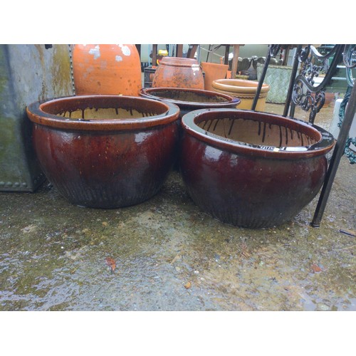 95 - 3 brown glazed garden planters. D50cm H31cm