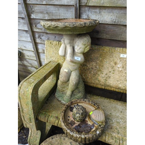 72 - Putto figure concrete bird bath. H55cm D35cm together with small frog in bird bath