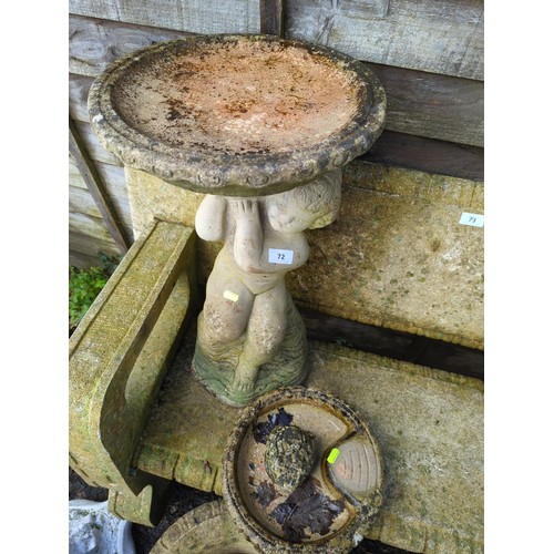 72 - Putto figure concrete bird bath. H55cm D35cm together with small frog in bird bath