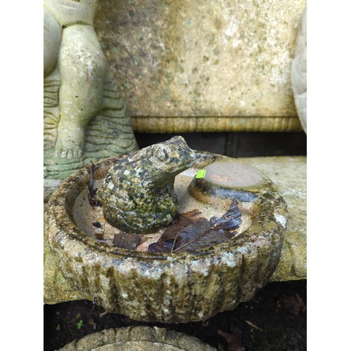 72 - Putto figure concrete bird bath. H55cm D35cm together with small frog in bird bath