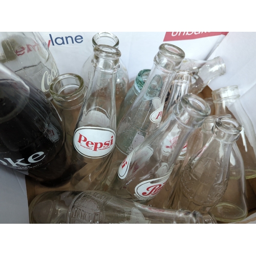 241 - 3 boxes of branded and vintage bottles inc Pepsi Cola & sticklepath farm milk bottles