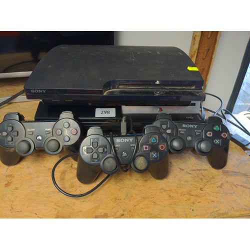 298 - Two Playstation 3 with leads and three controllers