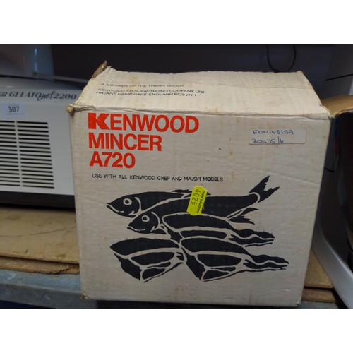 308 - Vintage Kenwood Chef with stainless steel bowl, mincer A720, slicer and shredder attachments