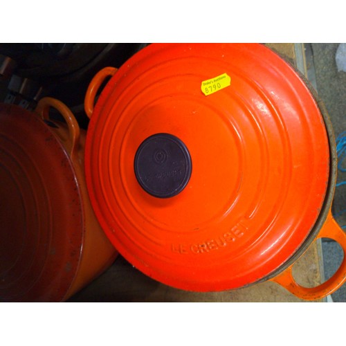 311 - Le Creuset lidded saute pan, two large lidded Le Creuset pans, a set of four SKK Germany frying pans... 