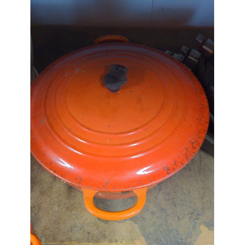 311 - Le Creuset lidded saute pan, two large lidded Le Creuset pans, a set of four SKK Germany frying pans... 