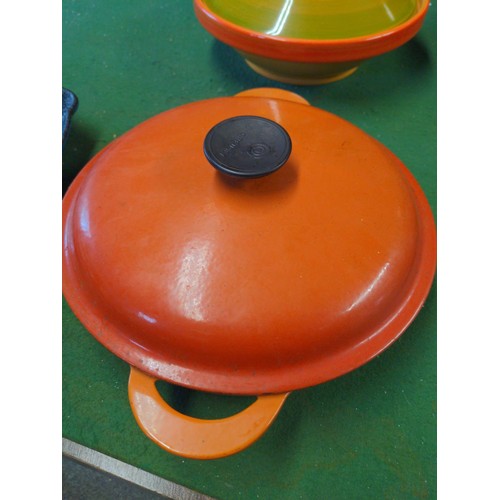 311 - Le Creuset lidded saute pan, two large lidded Le Creuset pans, a set of four SKK Germany frying pans... 