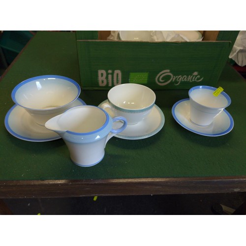 313 - Collection green Denby and Denby style cups and soup bowls, Denby placemats x 2, Denby coasters x 2 ... 