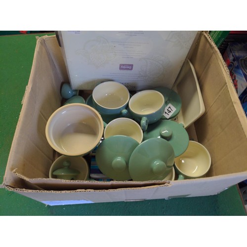 313 - Collection green Denby and Denby style cups and soup bowls, Denby placemats x 2, Denby coasters x 2 ... 