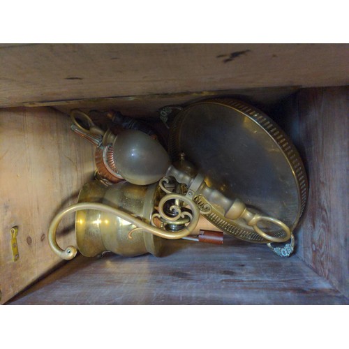 334 - Brass coal box containing brass fire companion sets, a copper kettle and other brass items