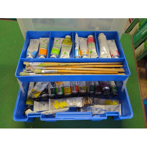 383 - Two work boxes containing paint brushes, acrylic paints and other art related items. 