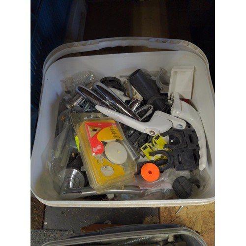 400 - Various cupboard handles, window handles, bolts and drill bits in plastic tubs. 