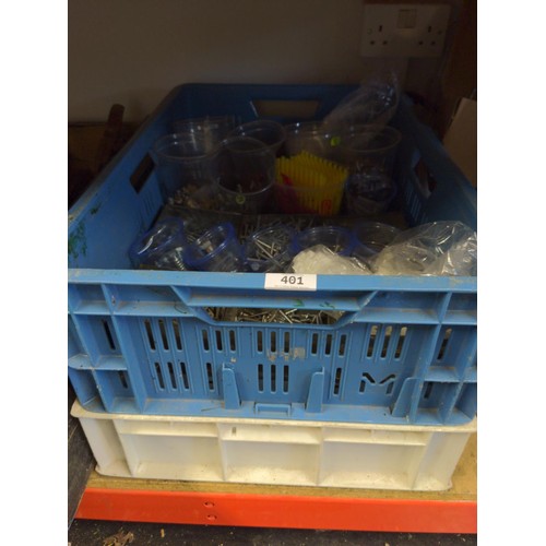 401 - 2 trays of various fixings, screws, bolts etc