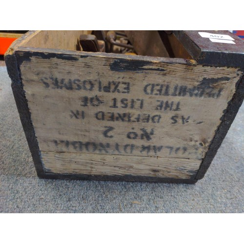 402 - Vintage wooden explosive box, Various vintage planes + saw, sharpening stone and vintage drill